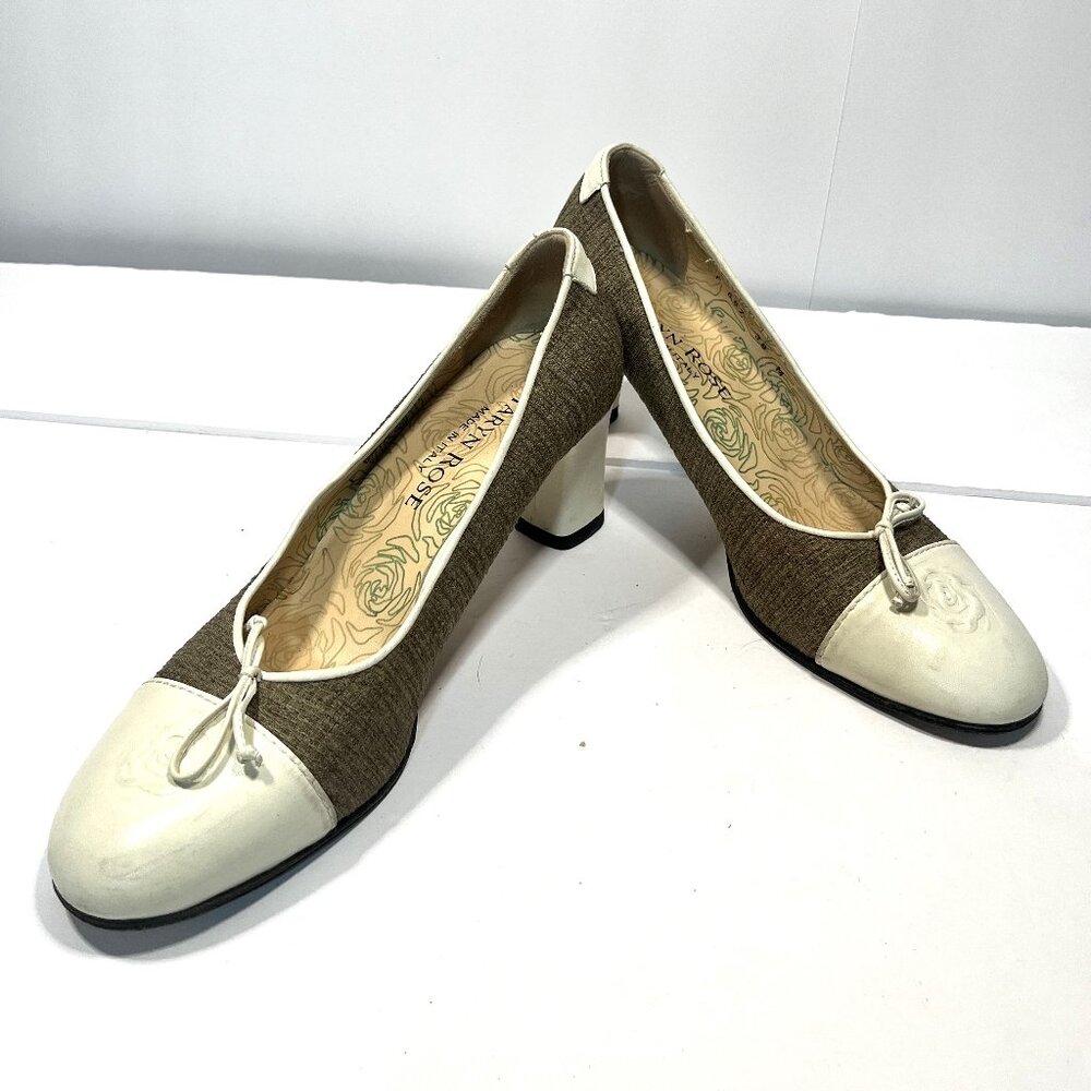 TARYN ROSE Mid-Block Heel Slip Ons Two Tone Leather and Linen Euro 38 US 7.5